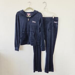 Juicy Couture Velour Tracksuit Navy Blue XL Velvet Plush Zip Lounge Set Y2K 90s